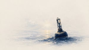 An oil pastel buoy riding open water in pale daylight, a brass sun path behind it