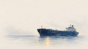 An oil pastel cargo ship at anchor in calm daylight water, brass light along its side