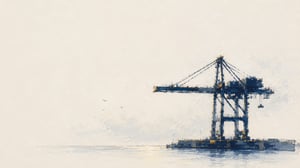 An oil pastel container crane standing over a quay in pale daylight