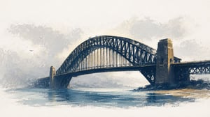 A harbour bridge under soft overcast, its span crossing calm water with gold on the lit edges