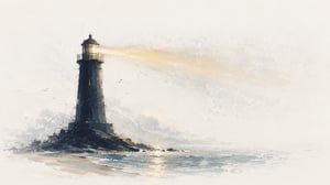 A lighthouse in afternoon haze, its beam reaching out over calm water
