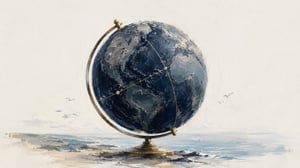 A globe of meridian lines in clear light, with small gold points marking destinations