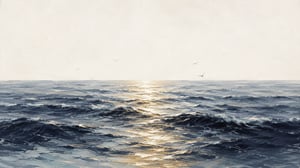 Open water at midday with a gold sun path running toward the viewer across moving swell