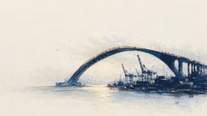 An oil pastel harbour bridge spanning calm water, its arc lit brass against a pale sky