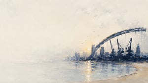 An oil pastel harbour at misty dawn, cranes and a bridge arc along the waterfront in pale daylight
