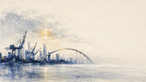 An oil pastel harbour in golden daylight, cranes and a bridge arc along the far shore