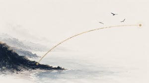 A single gold route arc rising from an origin point toward a glowing destination through haze