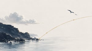A sea chart in morning light with a single gold route arc curving between two coastlines