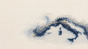 An oil pastel sea chart with a single brass route arc running between two coasts