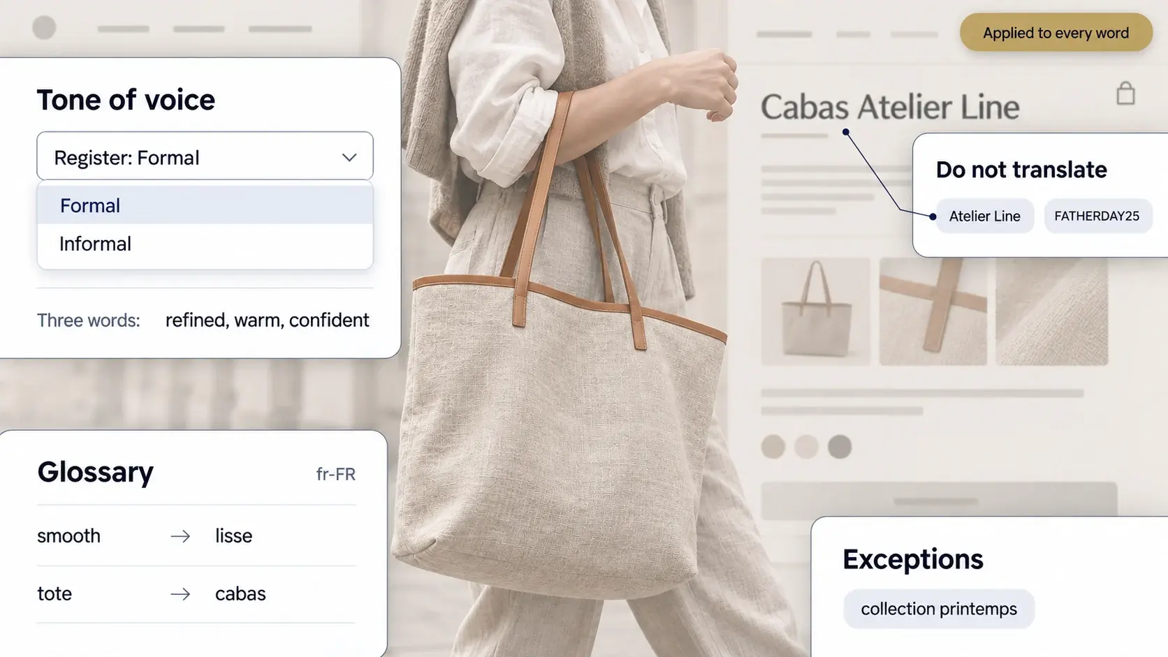 Tone of voice, glossary, do-not-translate and exceptions settings applied to a product.