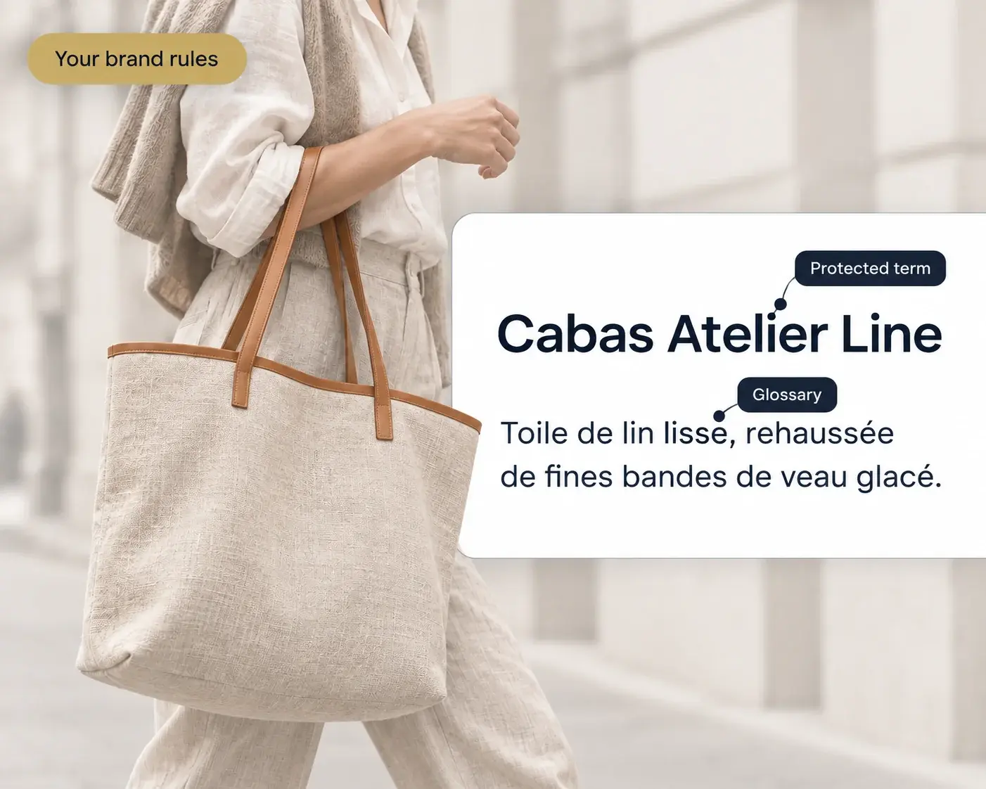 French product copy where the brand name Atelier Line stays untranslated and a glossary term is applied.