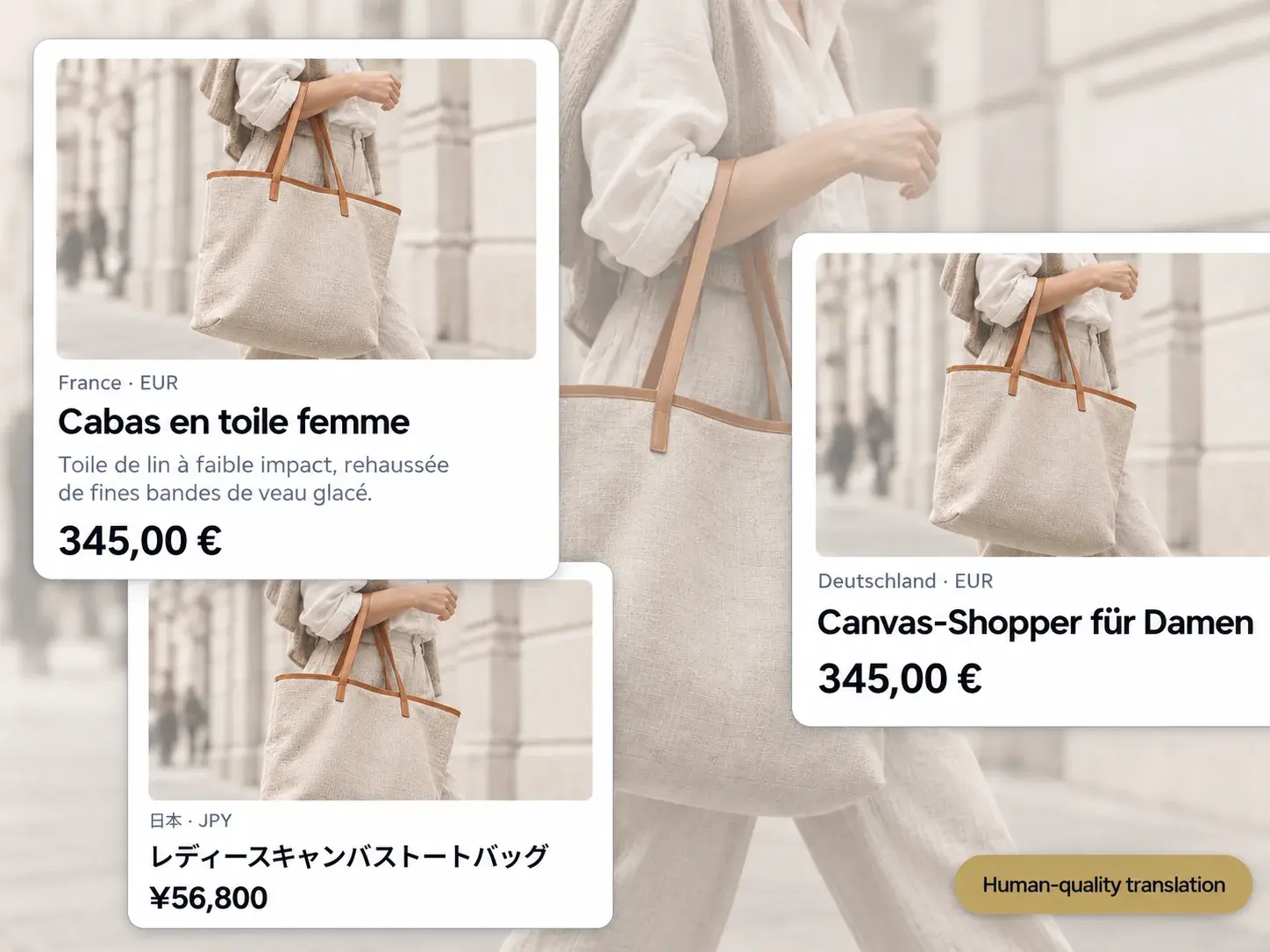 The same linen tote bag shown in France, Germany and Japan, each in its own language and currency.