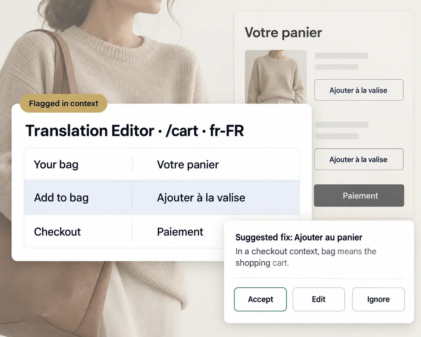 The Translation Editor flagging "Ajouter à la valise" on a cart page, with a suggested fix.