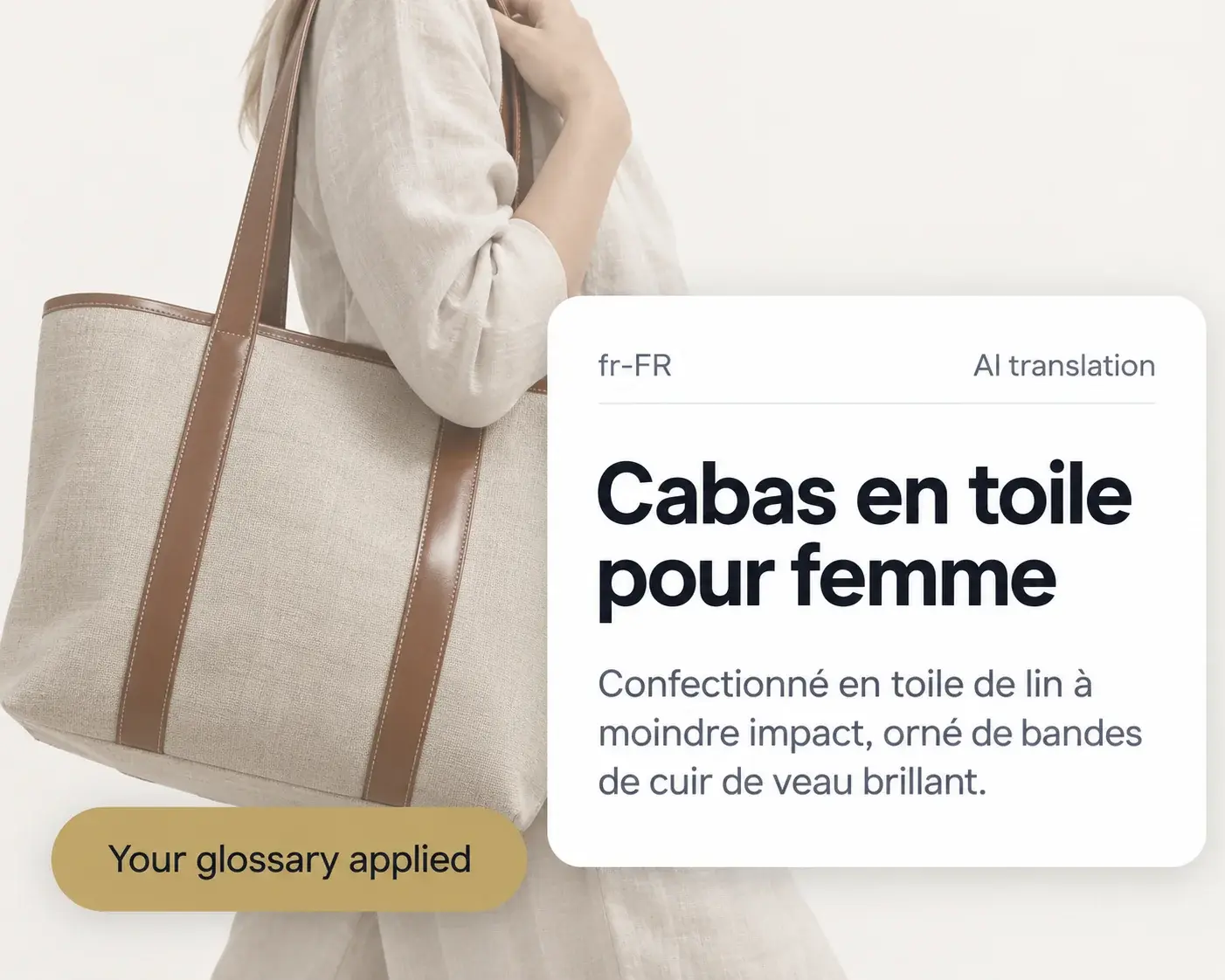 The same French product text as AI translation, with the glossary applied.