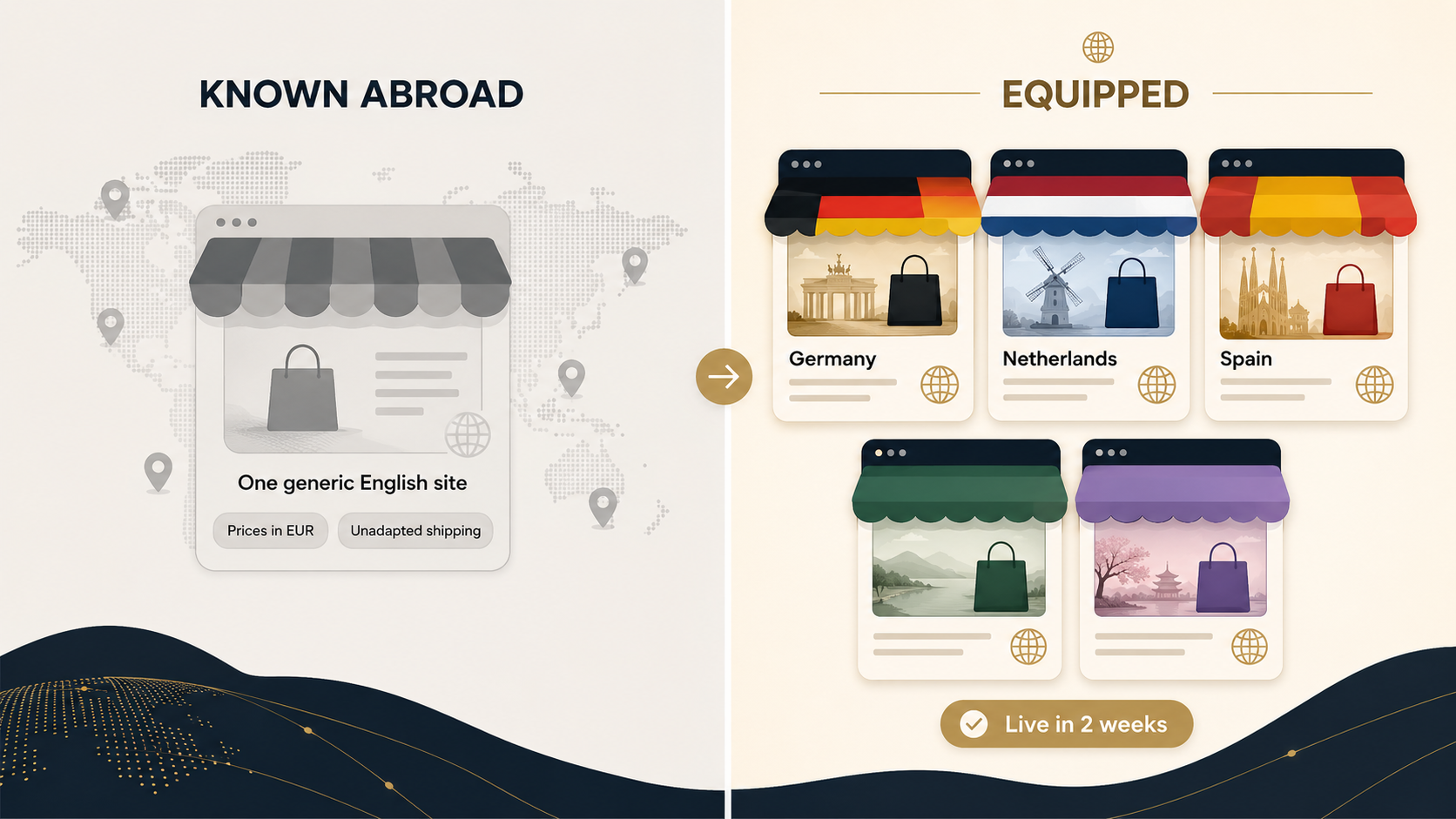 Sabre Paris launch timeline: brand voice and glossary configured, five European sites live two weeks later, Austria and Switzerland unlocked by language, then Japan.