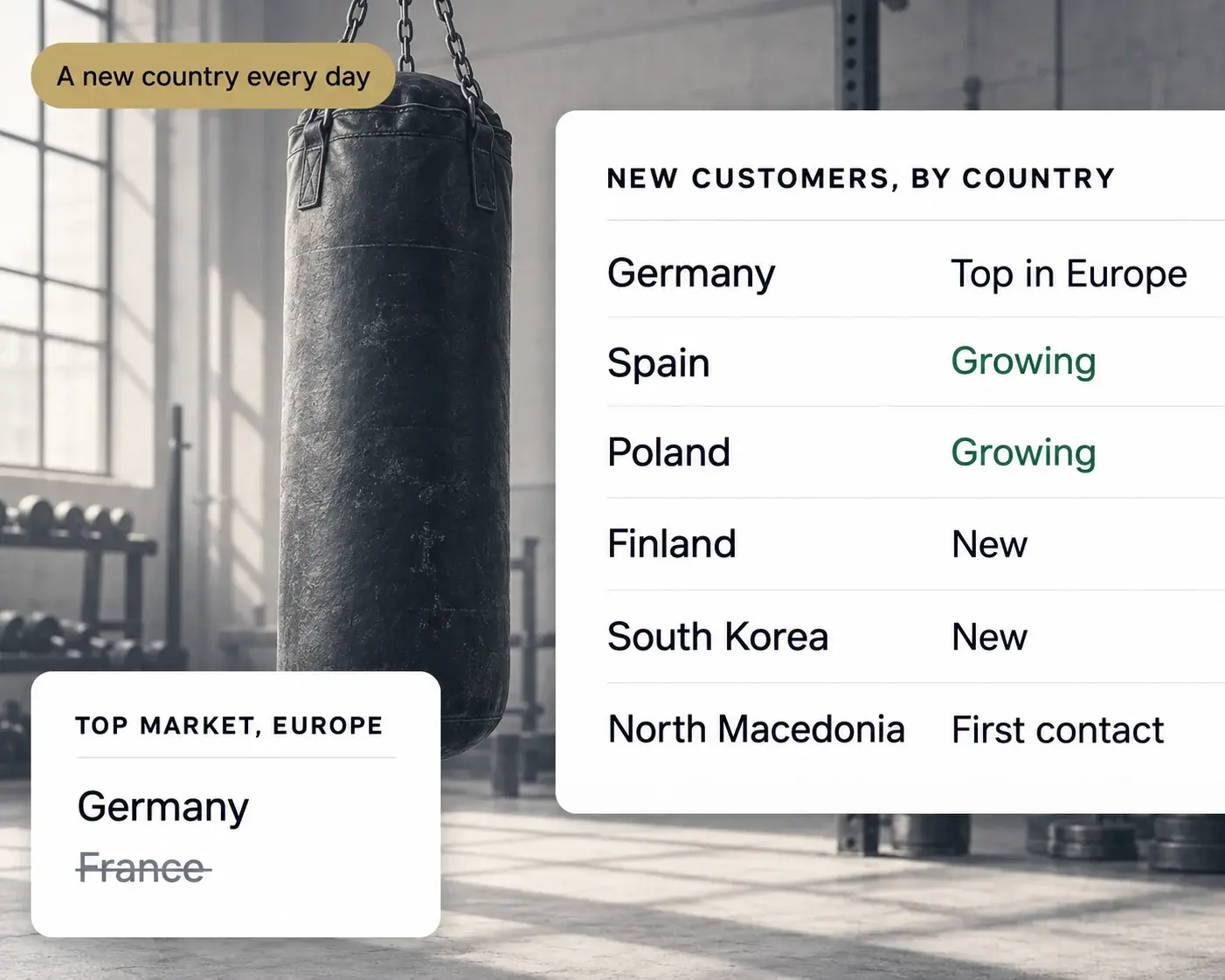 A heavy bag hanging in a gym beside a list of new customers by country, with Germany top in Europe, Spain and Poland growing, and Finland, South Korea and North Macedonia new, plus a card showing Germany replacing France as the top European market.