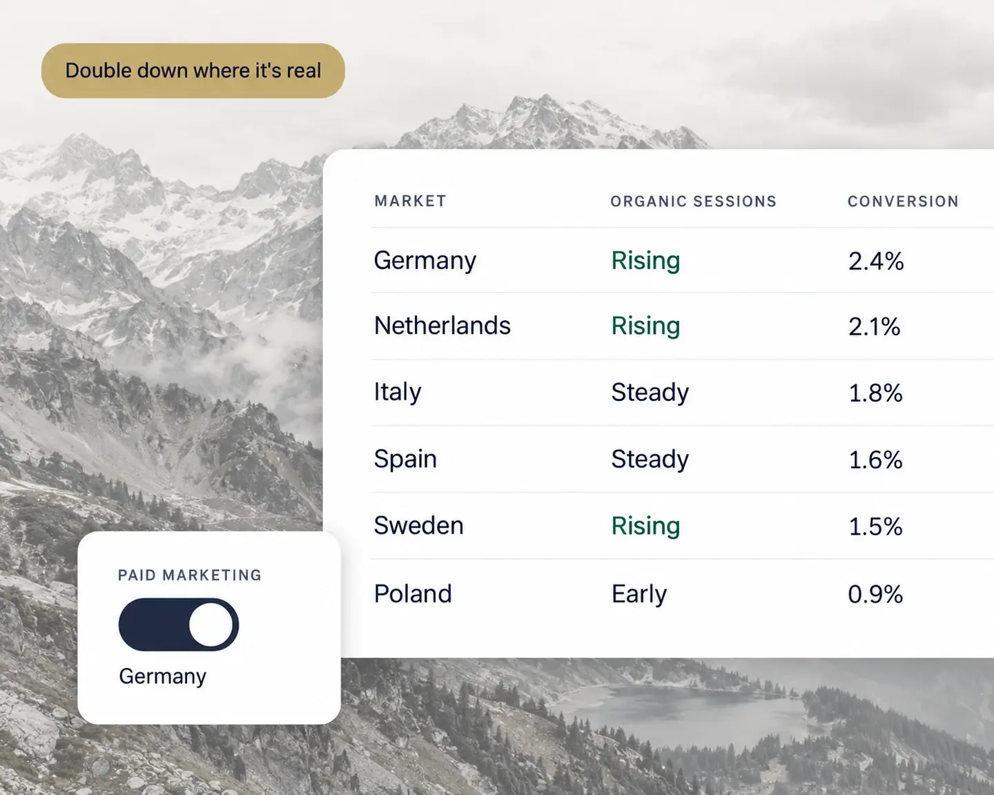 A market performance table showing organic traction and conversion by country, with paid marketing switched on for Germany.