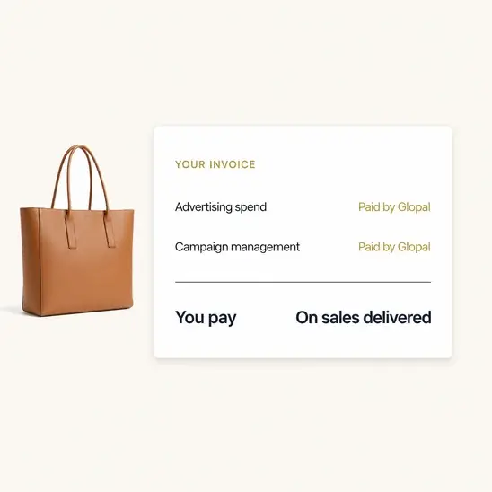 An invoice showing advertising spend and campaign management both paid by Glopal, with the merchant paying only on sales delivered.