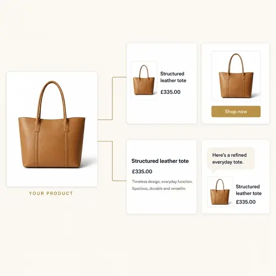 One product image expanded into four different ad formats, from a small product listing to a full description card and a chat response.