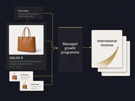 Paid media and a product page feed into the managed growth programme, which returns confirmed orders and international revenue.