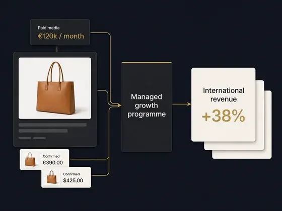 Paid media spend and a product page feed into the managed growth programme, which returns confirmed orders in euros and dollars and a lift in international revenue.