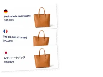 The same product listed in Japan, France and Germany in local language and currency, live across Google, Facebook, Meta and ChatGPT.